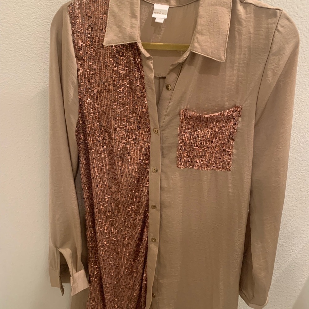 Chic Sequin Embellished Tunic Blouse - Tan and Bronze